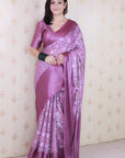 Wine Soft Georgette Floral Printed Zari Woven Saree