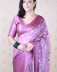 Wine Soft Georgette Floral Printed Zari Woven Saree