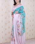 Sky Blue Soft Georgette Floral Printed Zari Woven Saree