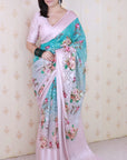 Sky Blue Soft Georgette Floral Printed Zari Woven Saree