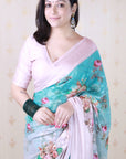 Sky Blue Soft Georgette Floral Printed Zari Woven Saree