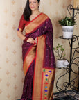 Wine Bandhani Paithani Silk Zari Woven Saree