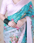 Sky Blue Soft Georgette Floral Printed Zari Woven Saree