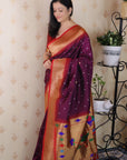 Wine Bandhani Paithani Silk Zari Woven Saree