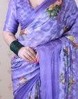 Violet Soft Georgette Floral Printed Zari Woven Saree