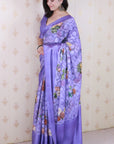Violet Soft Georgette Floral Printed Zari Woven Saree