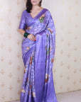 Violet Soft Georgette Floral Printed Zari Woven Saree