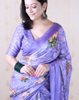 Violet Soft Georgette Floral Printed Zari Woven Saree