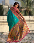 Aqua Blue Soft Silk Swan Rajhans Paithani Saree
