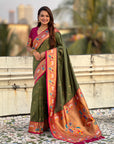Mehendi Green Soft Silk Swan Rajhans Paithani Saree