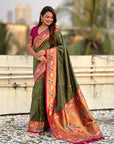 Mehendi Green Soft Silk Swan Rajhans Paithani Saree