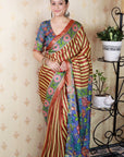 Brown Soft Tussar Silk Striped Party Wear Printed Zari Woven Saree