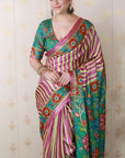 Pink Soft Tussar Silk Striped Party Wear Printed Zari Woven Saree