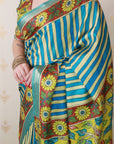 Blue Soft Tussar Silk Striped Party Wear Printed Zari Woven Saree