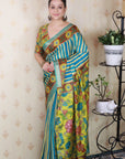 Blue Soft Tussar Silk Striped Party Wear Printed Zari Woven Saree