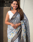 Grey Chanderi Crush Silk Floral Printed Saree with Zari Woven Jacquard Panel Border