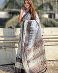 Grey Chanderi Crush Silk Floral Printed Saree with Zari Woven Jacquard Panel Border
