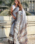 Grey Chanderi Crush Silk Floral Printed Saree with Zari Woven Jacquard Panel Border