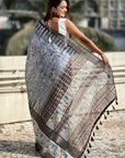 Grey Chanderi Crush Silk Floral Printed Saree with Zari Woven Jacquard Panel Border