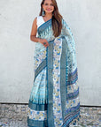 Sky Chanderi Crush Silk Floral Printed Saree with Zari Woven Jacquard Panel Border