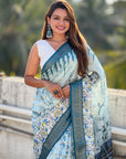 Sky Chanderi Crush Silk Floral Printed Saree with Zari Woven Jacquard Panel Border