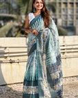 Sky Chanderi Crush Silk Floral Printed Saree with Zari Woven Jacquard Panel Border