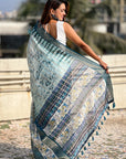 Sky Chanderi Crush Silk Floral Printed Saree with Zari Woven Jacquard Panel Border