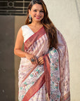Pink Chanderi Crush Silk Floral Printed Saree with Zari Woven Jacquard Panel Border
