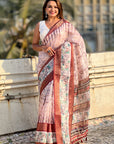 Pink Chanderi Crush Silk Floral Printed Saree with Zari Woven Jacquard Panel Border