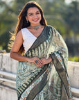 Pista Chanderi Crush Silk Floral Printed Saree with Zari Woven Jacquard Panel Border