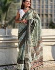 Pista Chanderi Crush Silk Floral Printed Saree with Zari Woven Jacquard Panel Border