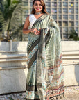 Pista Chanderi Crush Silk Floral Printed Saree with Zari Woven Jacquard Panel Border