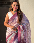 Lavender Chanderi Crush Silk Floral Printed Saree with Zari Woven Jacquard Panel Border