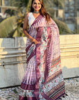 Lavender Chanderi Crush Silk Floral Printed Saree with Zari Woven Jacquard Panel Border