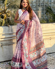 Lavender Chanderi Crush Silk Floral Printed Saree with Zari Woven Jacquard Panel Border