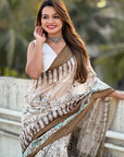 Mehendi Green Chanderi Crush Silk Floral Printed Saree with Zari Woven Jacquard Panel Border