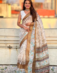 Mehendi Green Chanderi Crush Silk Floral Printed Saree with Zari Woven Jacquard Panel Border