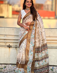 Mehendi Green Chanderi Crush Silk Floral Printed Saree with Zari Woven Jacquard Panel Border