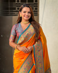 Orange Zari Woven Tiny Nath Meenakari Contrast Yeola Paithani Silk Saree