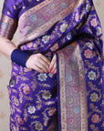 Violet Banarasi Jaal Soft Silk Gold Zari Meenakari Woven Saree