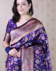 Violet Banarasi Jaal Soft Silk Gold Zari Meenakari Woven Saree