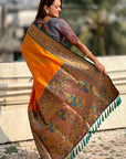 Orange Zari Woven Tiny Nath Meenakari Contrast Yeola Paithani Silk Saree