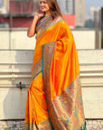 Orange Zari Woven Tiny Nath Meenakari Contrast Yeola Paithani Silk Saree