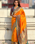 Orange Zari Woven Tiny Nath Meenakari Contrast Yeola Paithani Silk Saree