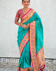 Sky Blue Zari Woven Tiny Nath Meenakari Contrast Yeola Paithani Silk Saree
