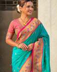 Sky Blue Zari Woven Tiny Nath Meenakari Contrast Yeola Paithani Silk Saree