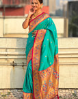 Sky Blue Zari Woven Tiny Nath Meenakari Contrast Yeola Paithani Silk Saree