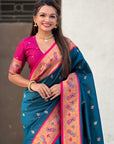 Denim Blue Zari Woven Tiny Nath Meenakari Contrast Yeola Paithani Silk Saree