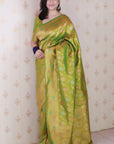 Mehendi Green Banarasi Jaal Soft Silk Gold Zari Meenakari Woven Saree