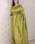 Mehendi Green Banarasi Jaal Soft Silk Gold Zari Meenakari Woven Saree